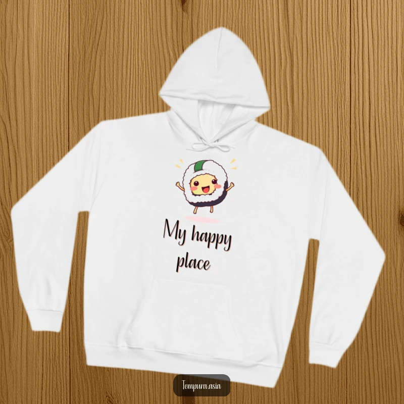 Funny sushi hoodie featuring a beaming sushi piece mid-hop, offering warmth and humor. Perfect for gifting to sushi fans.