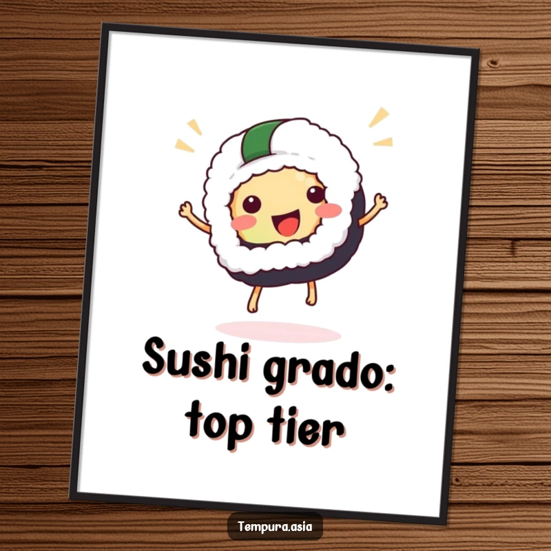 Funny Free Printable Wall Art of a happy sushi piece performing a joyful celebratory hop, perfect kitchen decor.