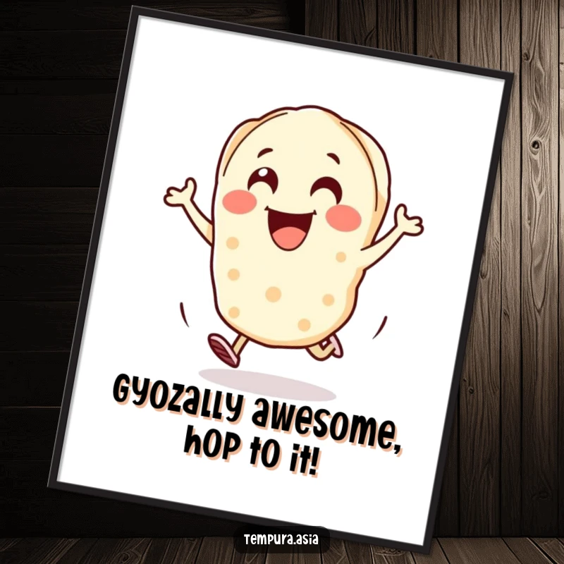 Funny Free Printable Wall Art: A cheerful gyoza character captured mid-hop with pure excitement.