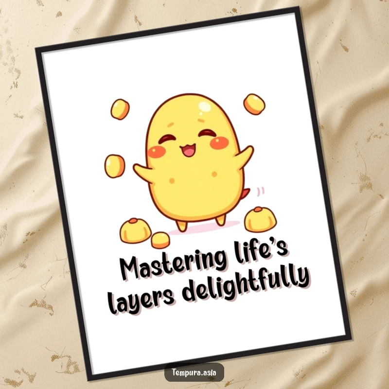 Funny Free Printable Wall Art of a giggling tamagoyaki character joyfully juggling tiny rice balls, creating a lively scene.