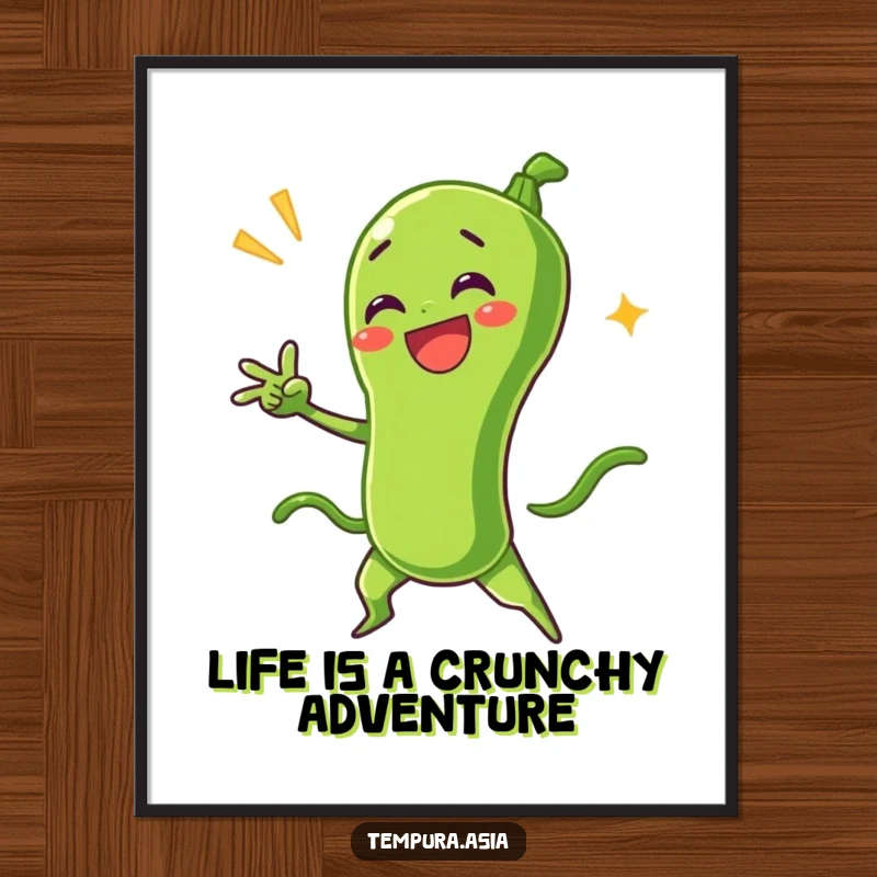 Funny Free Printable Wall Art featuring a delighted green bean tempura character striking a theatrical, dramatic pose, ready to amuse.