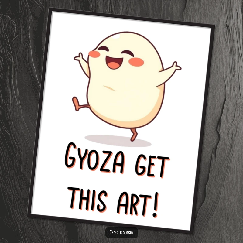 Funny Free Printable Wall Art of a grinning gyoza with tiny legs kicking enthusiastically, adding playful energy.