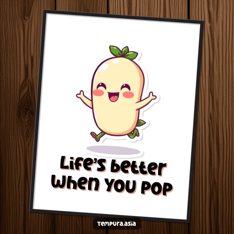 Funny Free Printable Wall Art of a whimsical edamame character doing a cheerful hop, bringing a touch of playful movement to the room.