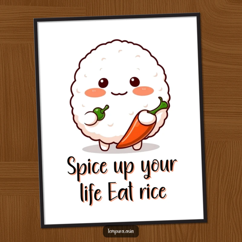 Funny Free Printable Wall Art of a blushing rice ball character shyly offering a small chili pepper, radiating adorable bashfulness.