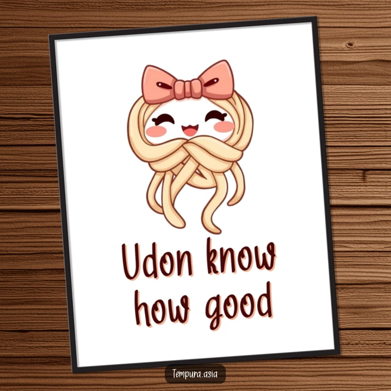 Funny Free Printable Wall Art of a cheerful udon noodle knotting itself into a playful bow, adding whimsy.