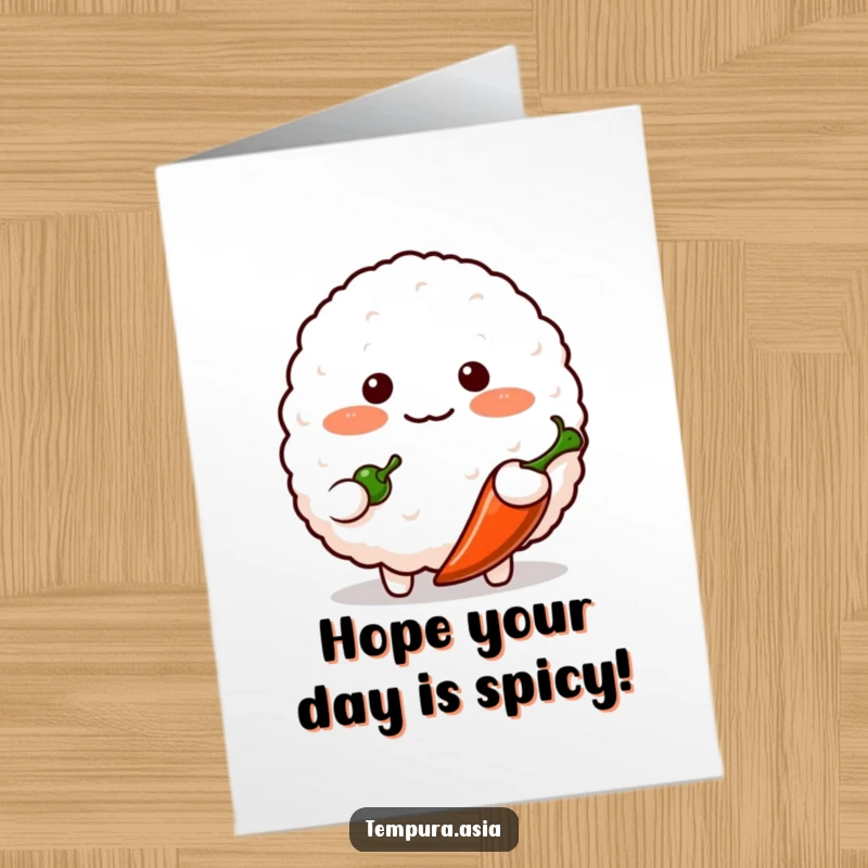 Funny Free Printable Birthday Card shows a blushing rice ball character shyly offering a tiny chili pepper with a bashful expression.