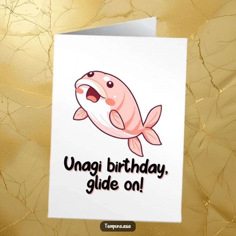 Funny Free Printable Birthday Card featuring a beaming unagi gracefully gliding through the air, celebrating joyfully.