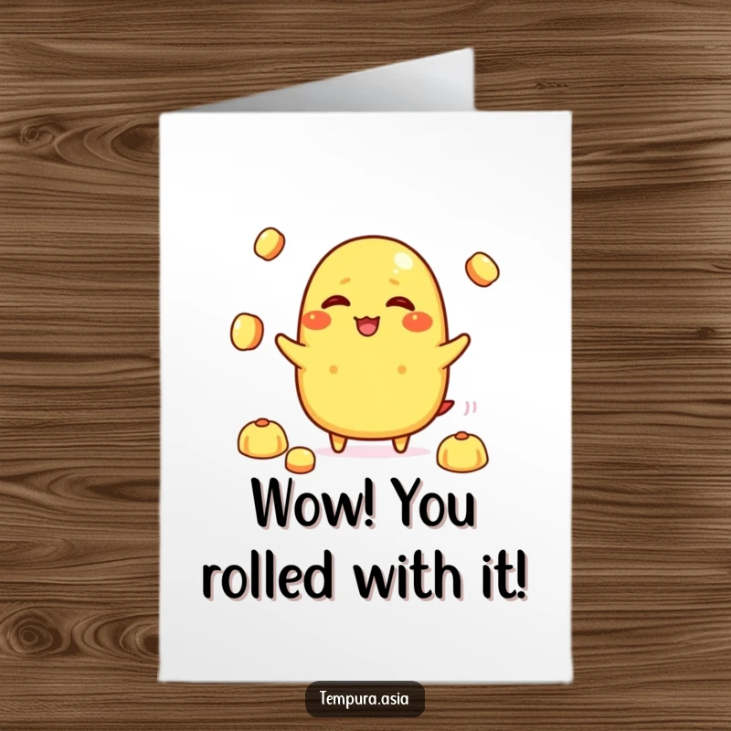 Funny Free Printable Congratulations Card featuring a giggling tamagoyaki character skillfully juggling small rice balls, radiating happiness.