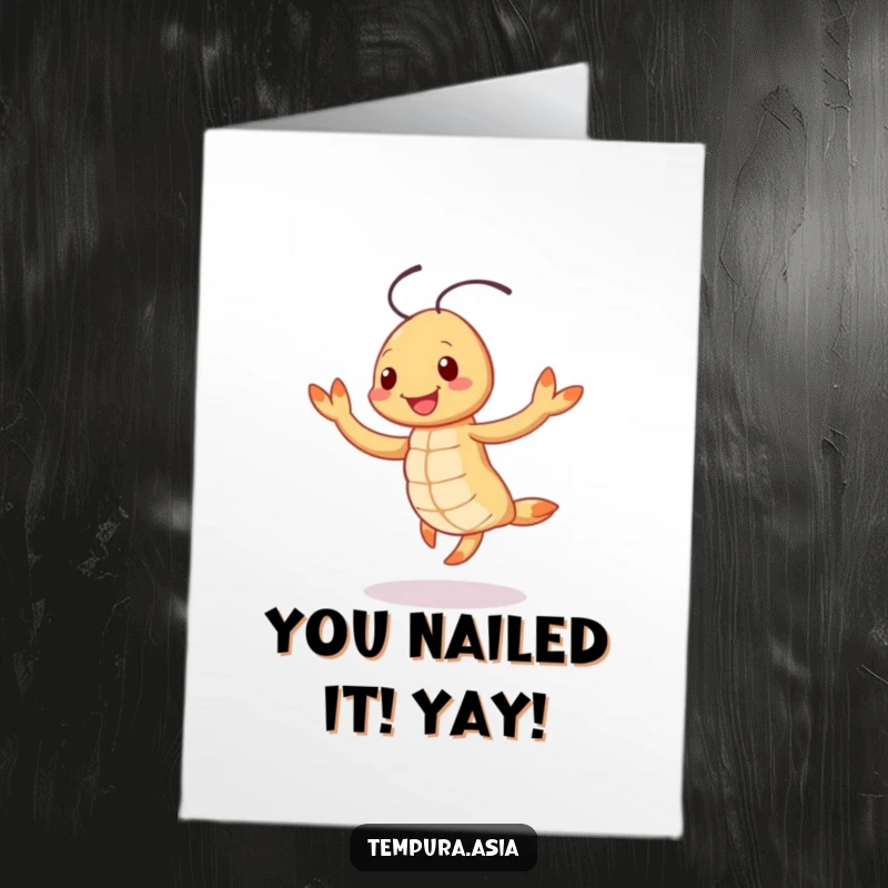 Funny Free Printable Congratulations Card shows a smiling tempura shrimp character performing a cheerful jig, celebrating achievements with delight.