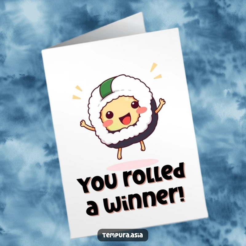 Funny Free Printable Congratulations Card showing a happy sushi piece doing a celebratory hop, conveying excitement.