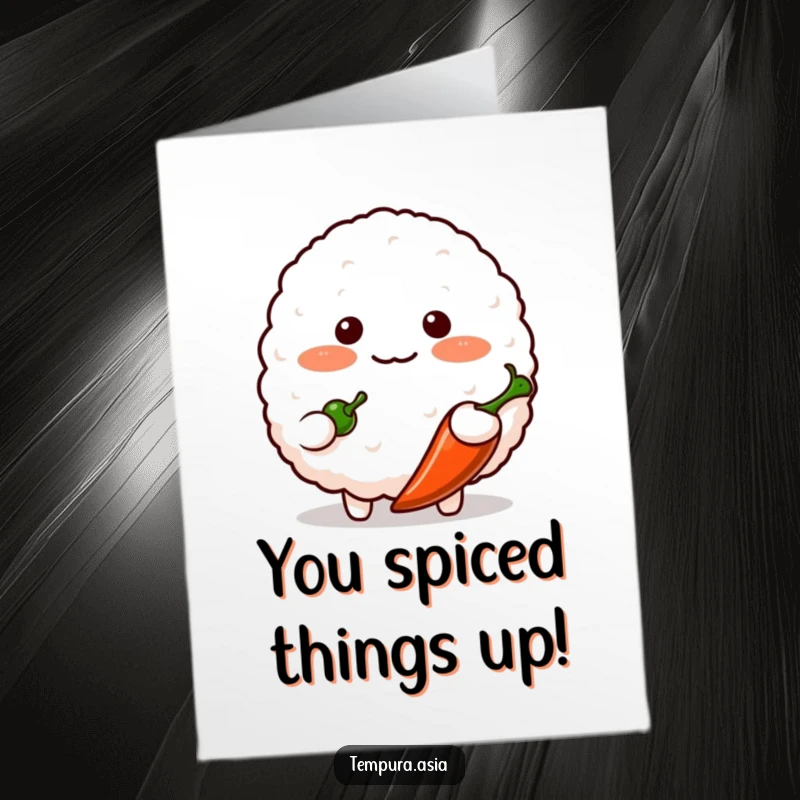 Funny Free Printable Congratulations Card features a blushing rice ball character shyly presenting a small chili pepper, full of sweet intent.
