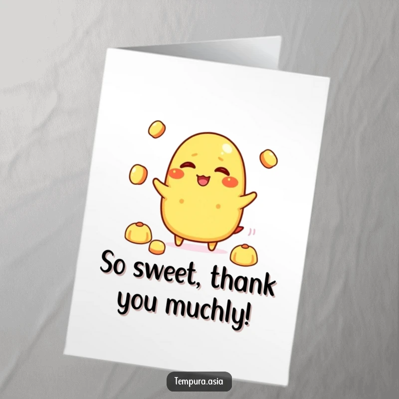 Funny Free Printable Thank You Card depicting a giggling tamagoyaki character juggling miniature rice balls as a thank you gesture.