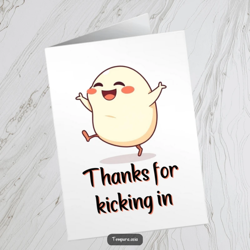 Funny Free Printable Thank You Card with a grinning gyoza doing energetic kicks, conveying thanks joyfully.