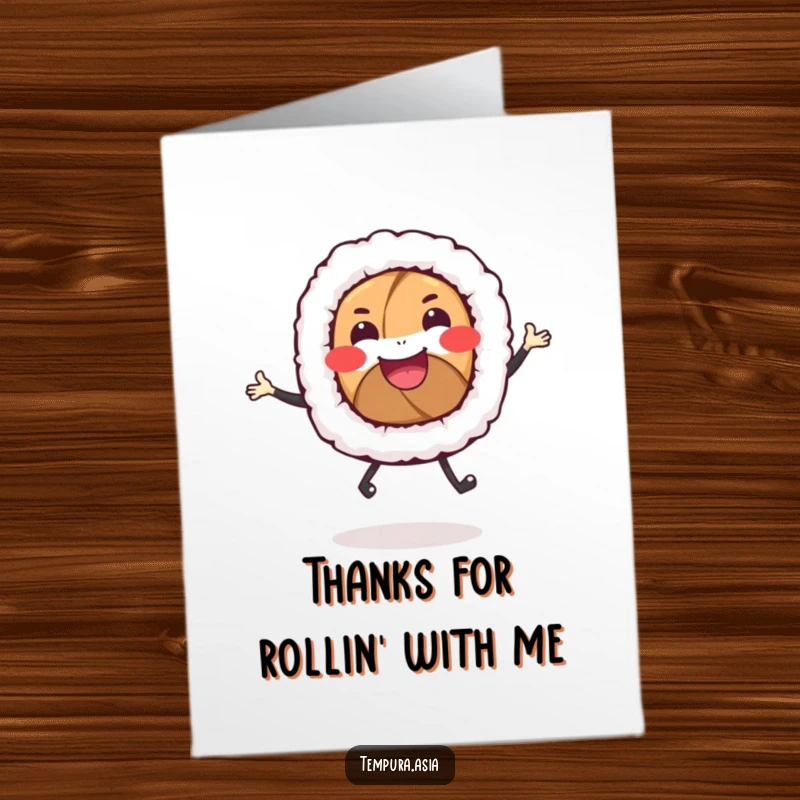 Funny Free Printable Thank You Card: A smiling sushi roll with legs performing a joyful dance.