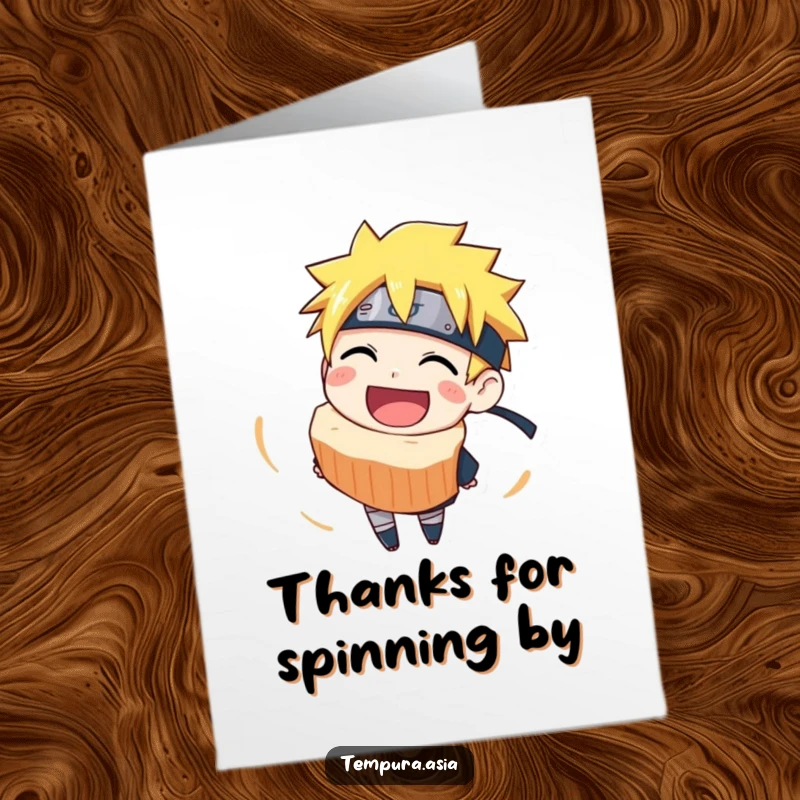 Funny Free Printable Thank You Card of a joyful narutomaki slice spinning with a big grin, showing thanks.