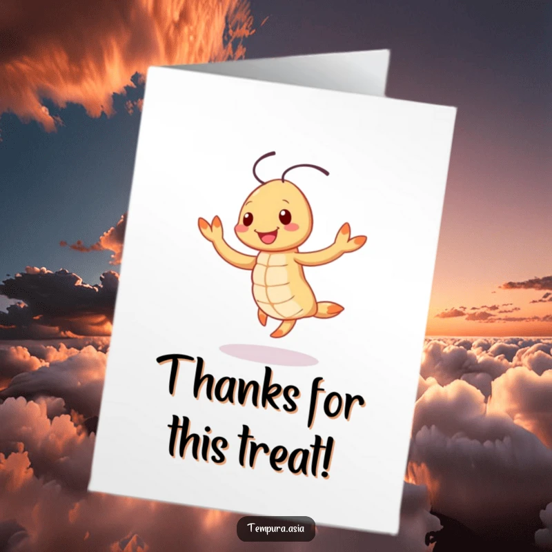 Funny Free Printable Thank You Card depicts a smiling tempura shrimp character doing a cheerful jig as a playful thank you gesture.