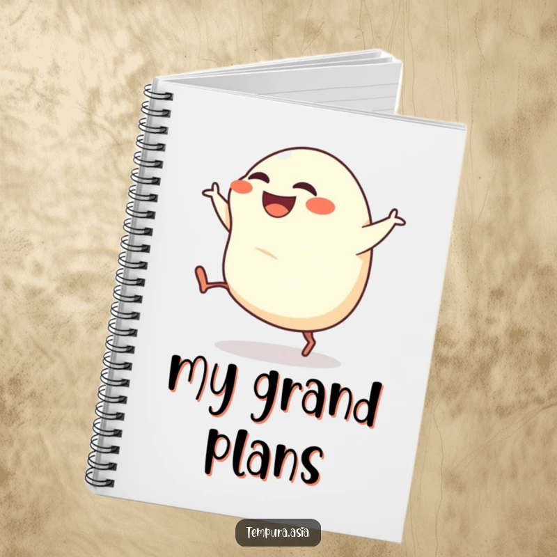 Funny gyoza notebook showcasing a grinning dumpling with tiny legs kicking enthusiastically, ideal for notes.