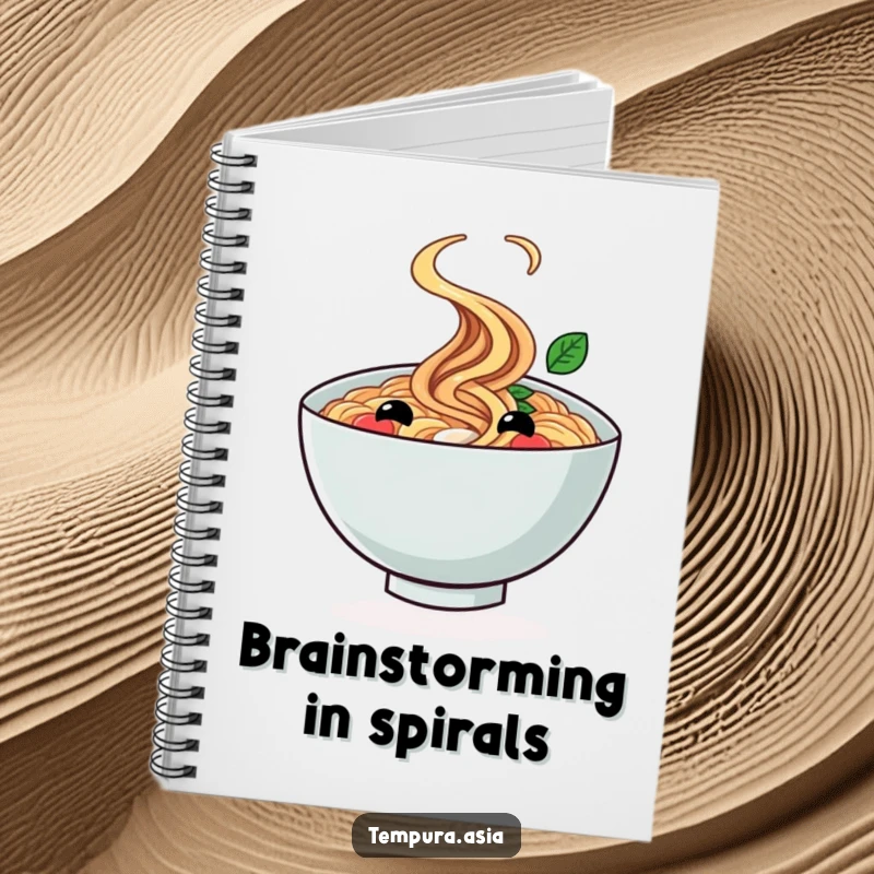 Funny ramen bowl notebook with a smiling face doing a cheerful twirl, great for journaling or note-taking.