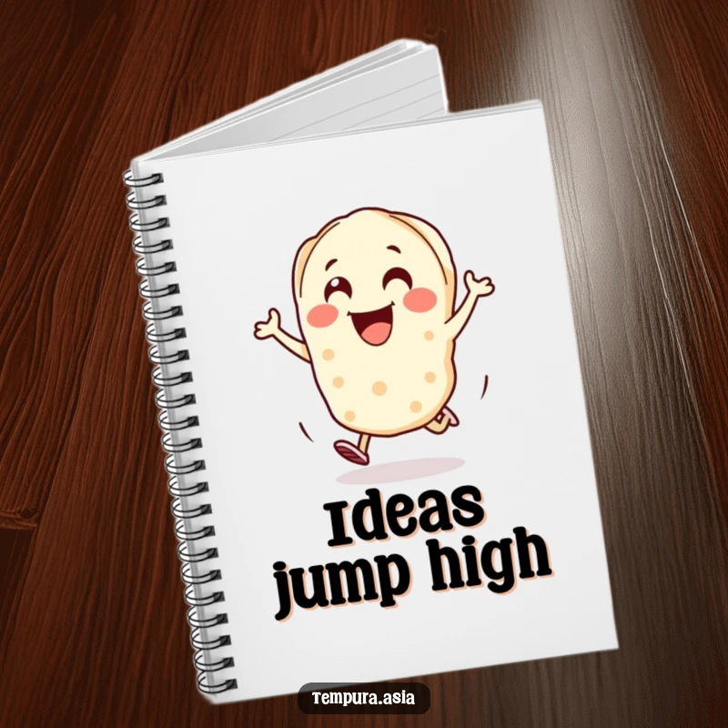 Funny gyoza piece notebook with a cheerful character hopping with excitement, great for journaling or notes.