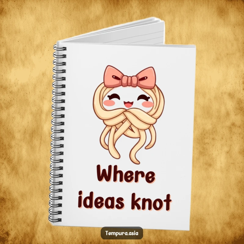Funny udon notebook showcasing a cheerful noodle forming a playful bow, ideal for notes and creative tasks.