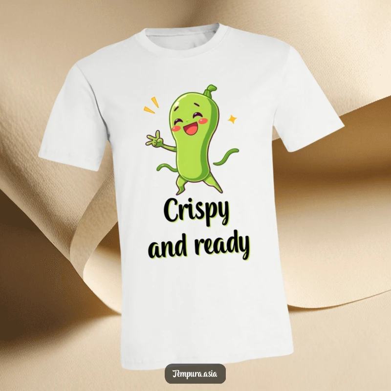 Funny green bean tempura character striking a dramatic pose on a t-shirt, celebrating bold food humor.