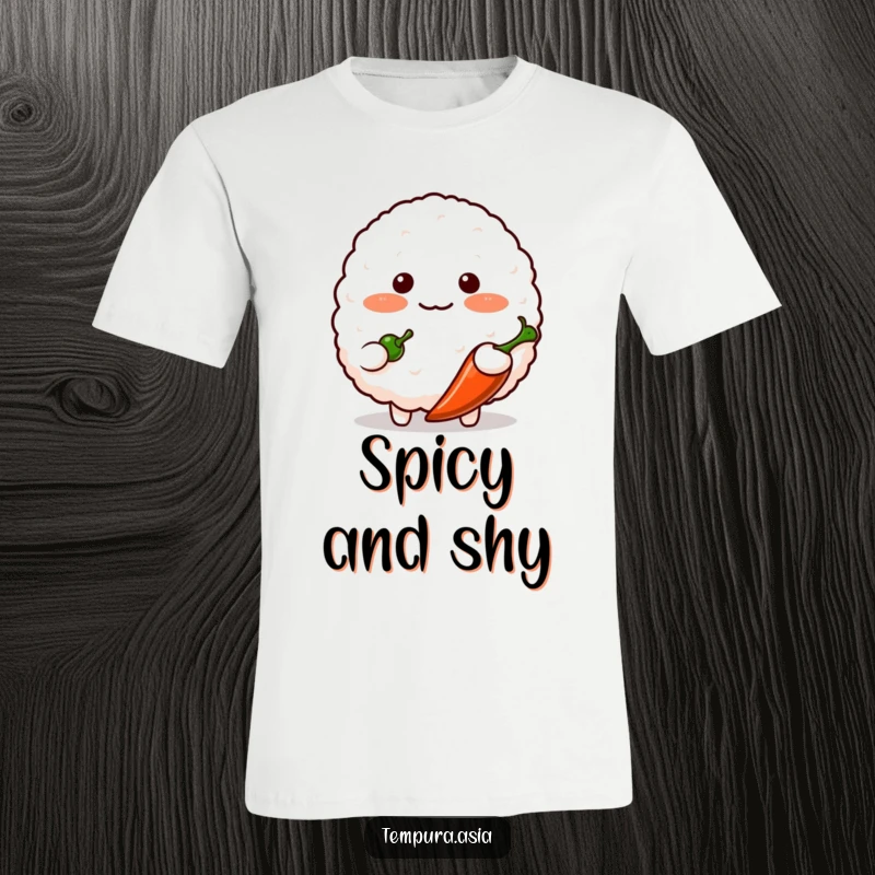 Funny blushing rice ball character shyly offering a small chili pepper on a t-shirt, perfect for cute and humorous apparel.