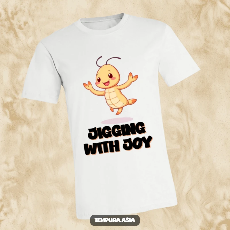 Funny smiling tempura shrimp character doing a cheerful jig on a t-shirt, perfect for happy food and dance lovers.