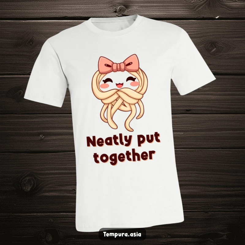 Funny udon t-shirt with a cheerful noodle tying itself into a playful bow, ideal for casual wear.