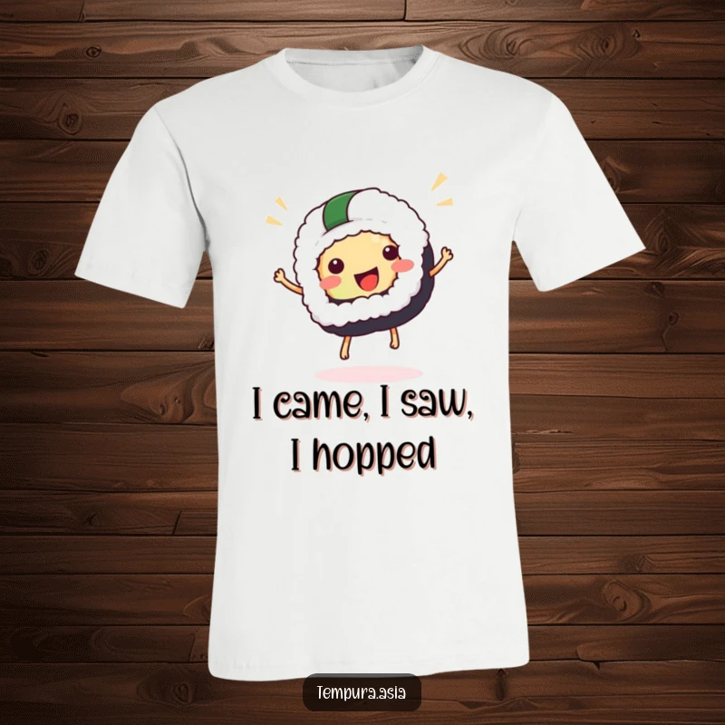 Funny sushi t-shirt with a jubilant sushi piece performing an energetic celebratory hop, ideal for casual wear and gifts.