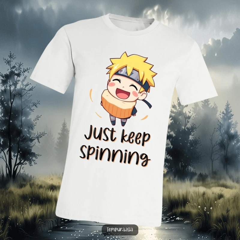 Funny narutomaki t-shirt with a joyful, grinning slice in a fun spin, ideal for ramen fans and casual wear.