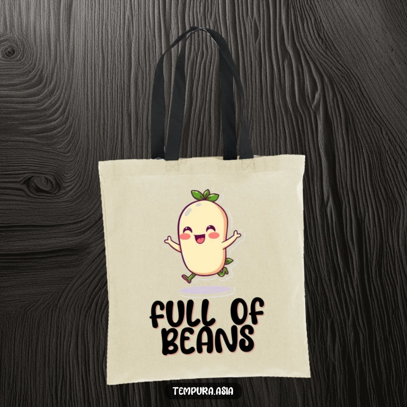 Funny edamame character doing a cheerful hop on a tote bag, a whimsical and humorous accessory.