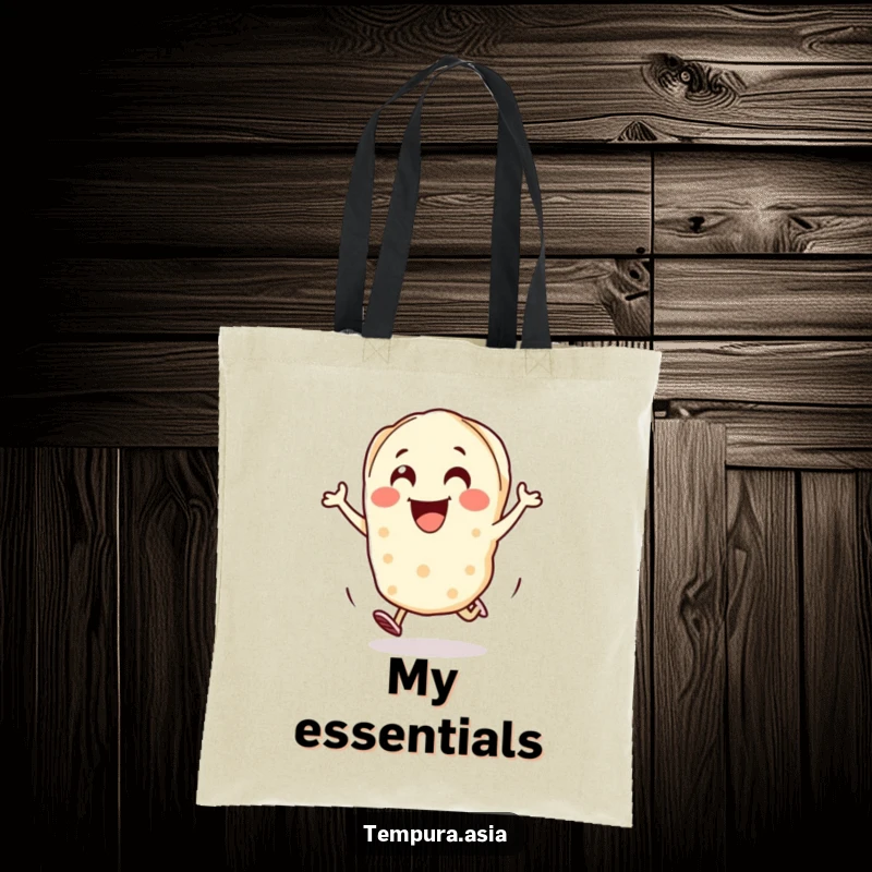 Funny gyoza piece tote bag with a cheerful character hopping with excitement, great for everyday use.