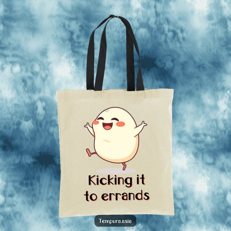 Funny gyoza tote bag showcasing a grinning dumpling with tiny legs kicking enthusiastically, practical and humorous.