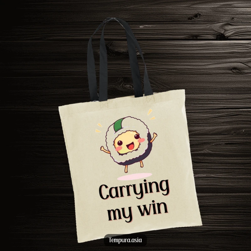 Funny sushi tote bag showcasing a delighted sushi piece in mid-celebratory hop, practical and humorous for daily use.