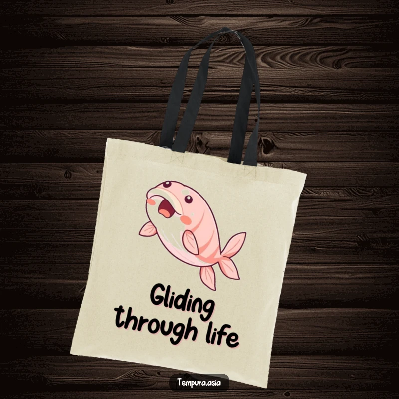 Funny unagi tote bag showcasing a beaming eel slice gracefully gliding, practical and humorous for daily use.