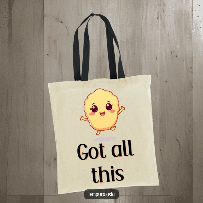 Funny tempura piece tote bag with cheerful eyes doing a playful hop, great for everyday use.