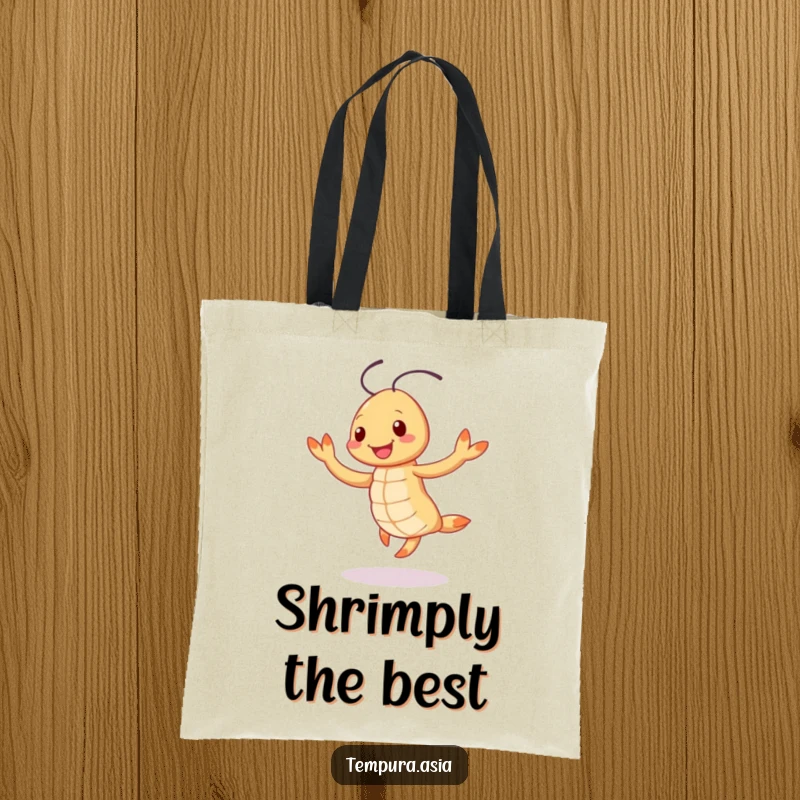 Funny smiling tempura shrimp character doing a cheerful jig on a tote bag, a whimsical and humorous accessory.