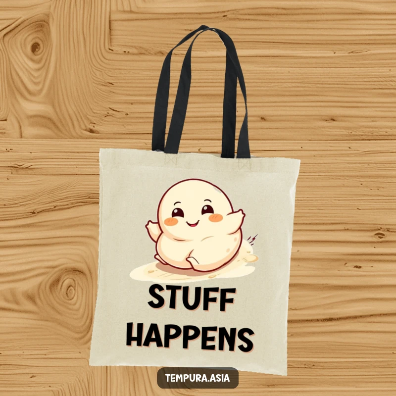 Funny dumpling character tote bag with a wide grin rolling downhill, ideal for shopping and daily use.