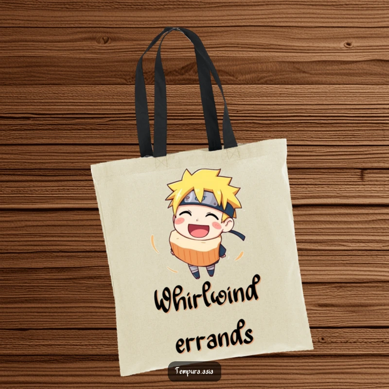 Funny narutomaki tote bag featuring a happy, grinning slice in a dynamic spin, great for shopping and gifts.
